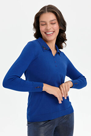 Kadın Polo Yaka Yakası İşlemeli Bluz K.Saks