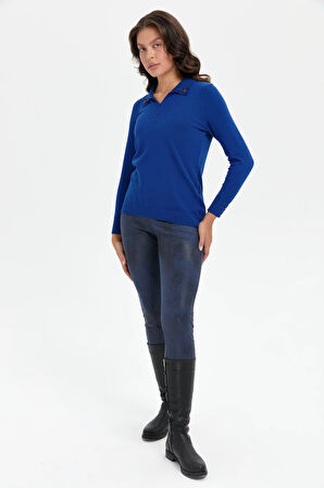 Kadın Polo Yaka Yakası İşlemeli Bluz K.Saks