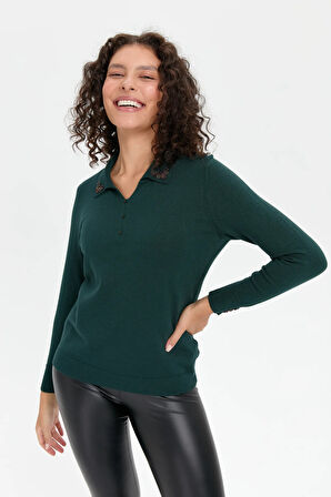 Kadın Polo Yaka Yakası İşlemeli Bluz Yeşil