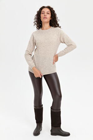 Kadın Sıfır Yaka Dikişsiz Önü Yürütmeli Yün Kazak V.Bej