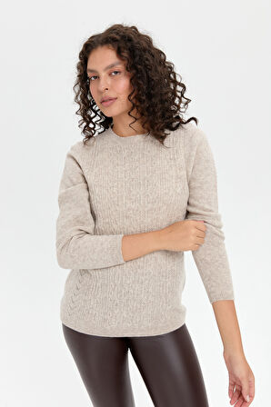 Kadın Sıfır Yaka Dikişsiz Önü Yürütmeli Yün Kazak V.Bej