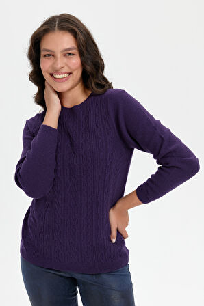 Kadın Sıfır Yaka Dikişsiz Önü Yürütmeli Yün Kazak K.Mor