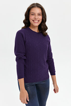 Kadın Sıfır Yaka Dikişsiz Önü Yürütmeli Yün Kazak K.Mor