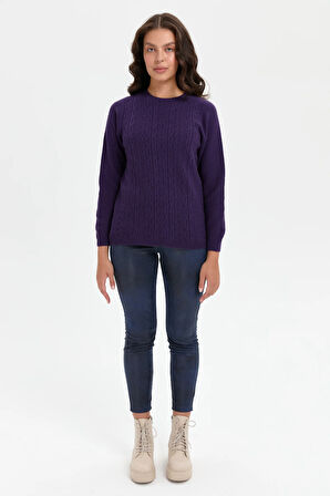 Kadın Sıfır Yaka Dikişsiz Önü Yürütmeli Yün Kazak K.Mor