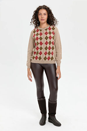 Kadın Sıfır Yaka Önü Baklavalı Yün Hırka K.Bej