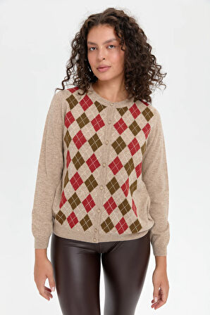 Kadın Sıfır Yaka Önü Baklavalı Yün Hırka K.Bej