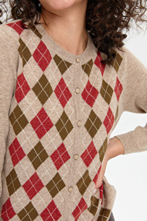 Kadın Sıfır Yaka Önü Baklavalı Yün Hırka K.Bej