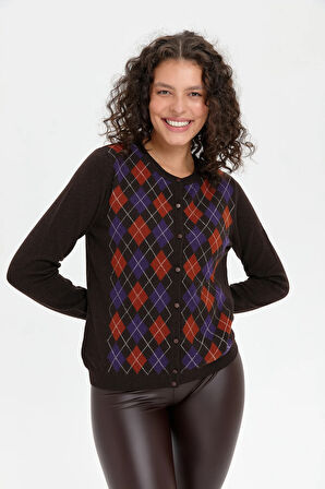 Kadın Sıfır Yaka Önü Baklavalı Yün Hırka K.Kahve