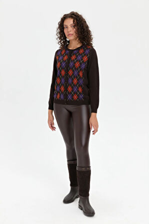 Kadın Sıfır Yaka Önü Baklavalı Yün Hırka K.Kahve