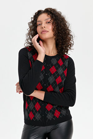 Kadın Sıfır Yaka Önü Baklavalı Yün Hırka Siyah