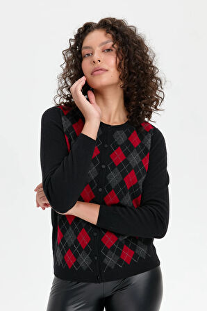 Kadın Sıfır Yaka Önü Baklavalı Yün Hırka Siyah