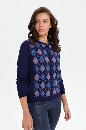 Kadın Sıfır Yaka Önü Baklavalı Yün Hırka Y.A Lacivert