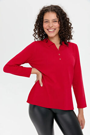 Kadın Polo Yaka Yanı Yırtmaçlı Kazak K.Kırmızı