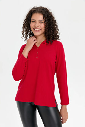 Kadın Polo Yaka Yanı Yırtmaçlı Kazak K.Kırmızı