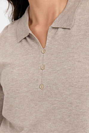 Kadın Polo Yaka Yanı Yırtmaçlı Kazak Vizon