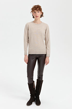 Kadın Sıfır Yaka Angelina Basic Kazak Bej/Melanj