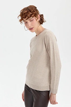 Kadın Sıfır Yaka Angelina Basic Kazak Bej/Melanj