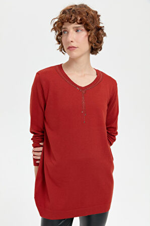 Kadın V Yaka Taşlı Kolye Desenli Ligra Bluz K.Kiremit