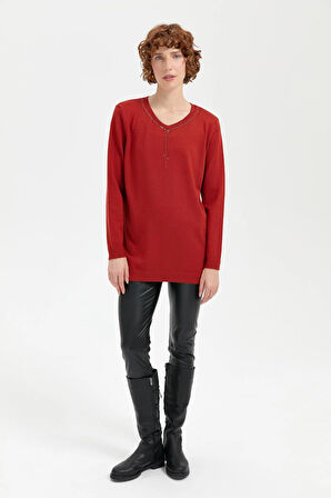 Kadın V Yaka Taşlı Kolye Desenli Ligra Bluz K.Kiremit