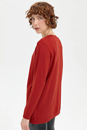 Kadın V Yaka Taşlı Kolye Desenli Ligra Bluz K.Kiremit