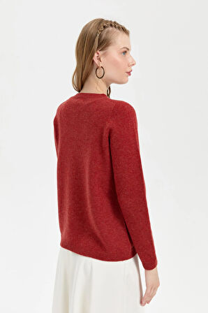 Kadın Sıfır Yaka Klasik Yün Kazak Kiremit