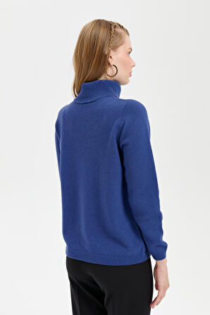 Kadın Tam Balıkçı Yaka Klasik Yün Kazak Mavi