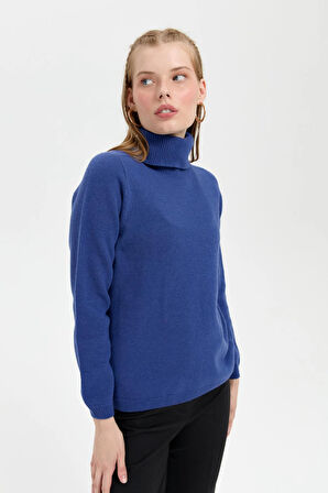 Kadın Tam Balıkçı Yaka Klasik Yün Kazak Mavi