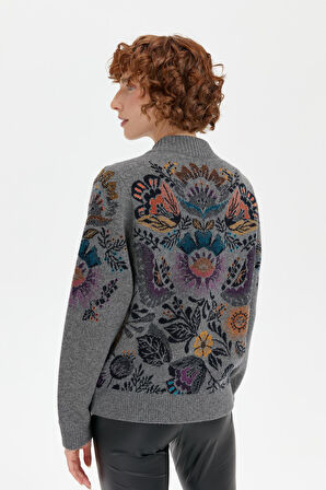 Kadın Hakim Yaka Arkası ve Kolu Çiçek Desenli Yün Ceket Füme