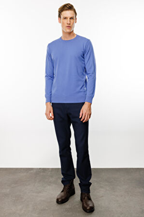 Erkek Basic Sıfır Yaka İnce Triko Kazak Eflatun