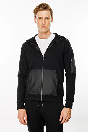 Erkek Kapüşonlu Kanguru Cepli Eşofman Üstü Siyah