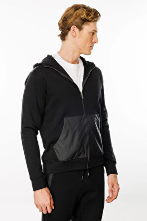 Erkek Kapüşonlu Kanguru Cepli Eşofman Üstü Siyah