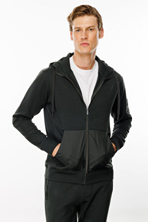 Erkek Kapüşonlu Kanguru Cepli Eşofman Üstü Haki