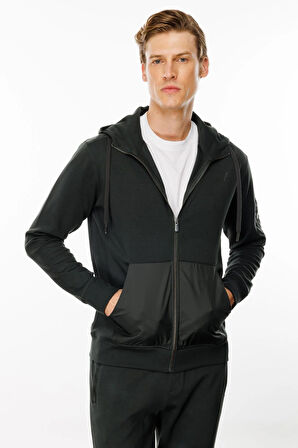 Erkek Kapüşonlu Kanguru Cepli Eşofman Üstü Haki