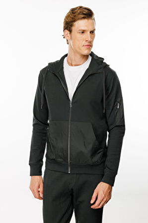 Erkek Kapüşonlu Kanguru Cepli Eşofman Üstü Haki