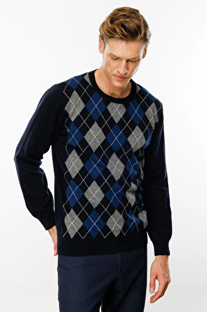 Erkek Sıfır Yaka Önü Baklava Desenli Kazak K.Lacivert