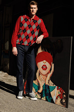 Erkek Polo Yaka Önü Baklava Desenli Yün Kazak K.Kırmızı