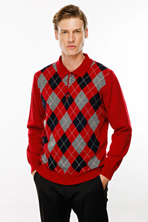 Erkek Polo Yaka Önü Baklava Desenli Yün Kazak K.Kırmızı