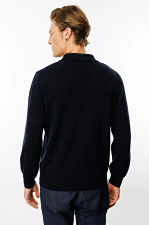 Erkek Polo Yaka Önü Baklava Desenli Yün Kazak K.Lacivert