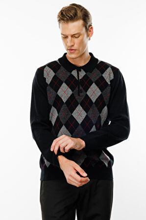 Erkek Polo Yaka Önü Baklava Desenli Yün Kazak Siyah