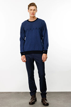 Erkek Sıfır Yaka Göğsü Baklava Desenli Yün Kazak K.Lacivert