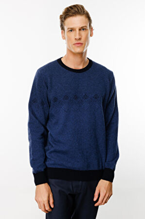 Erkek Sıfır Yaka Göğsü Baklava Desenli Yün Kazak K.Lacivert