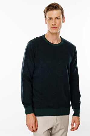 Erkek Sıfır Yaka Göğsü Baklava Desenli Yün Kazak Yeşil