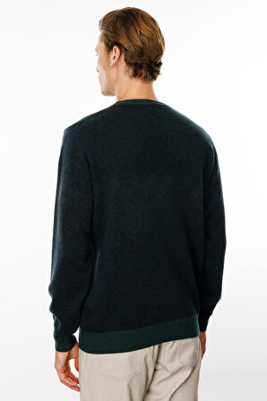 Erkek Sıfır Yaka Göğsü Baklava Desenli Yün Kazak Yeşil