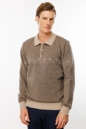 Erkek Polo Yaka Göğsü Baklava Desenli Yün Kazak K.Bej