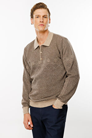 Erkek Polo Yaka Göğsü Baklava Desenli Yün Kazak K.Bej