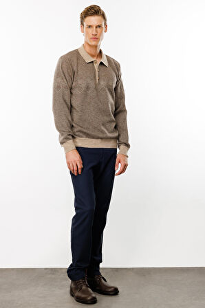 Erkek Polo Yaka Göğsü Baklava Desenli Yün Kazak K.Bej