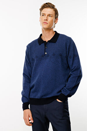 Erkek Polo Yaka Göğsü Baklava Desenli Yün Kazak K.Lacivert