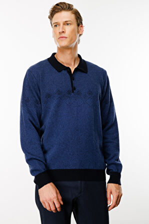 Erkek Polo Yaka Göğsü Baklava Desenli Yün Kazak K.Lacivert