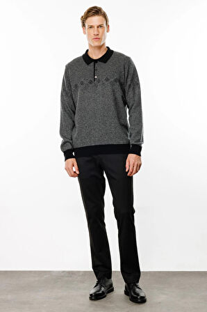 Erkek Polo Yaka Göğsü Baklava Desenli Yün Kazak Siyah