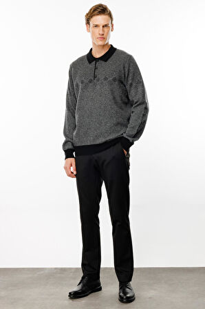 Erkek Polo Yaka Göğsü Baklava Desenli Yün Kazak Siyah